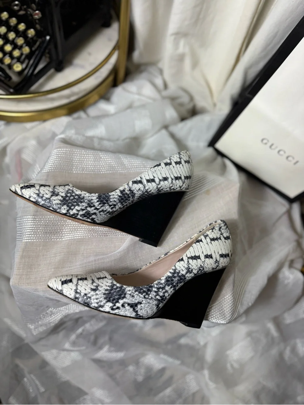 Coach Black and White Snakeskin Pointed Wedge Pumps